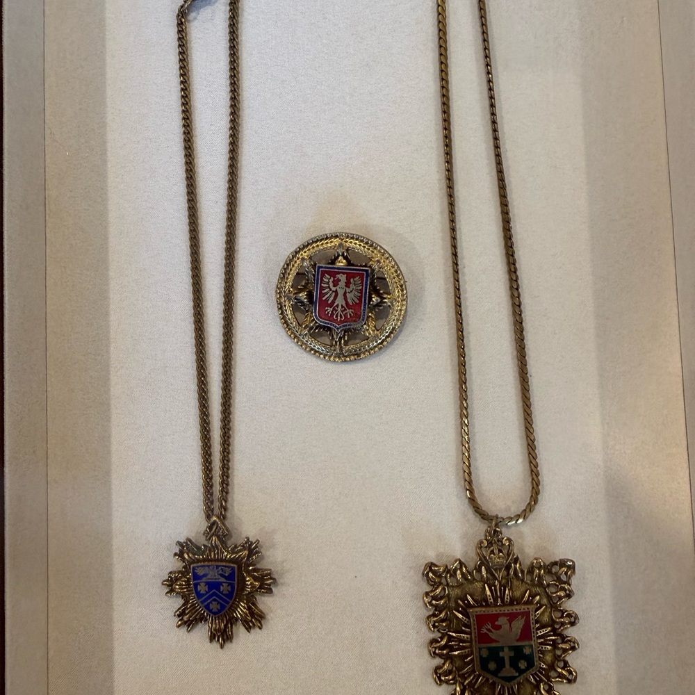 Gold Tone Heraldic Pendant Necklaces and Shield Pin - Red & Blue Enamel